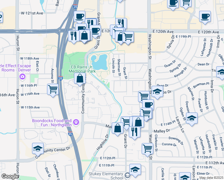 map of restaurants, bars, coffee shops, grocery stores, and more near 11643 Lincoln Street in Northglenn