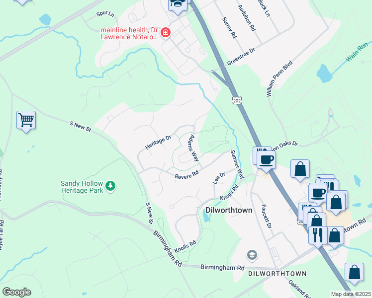 map of restaurants, bars, coffee shops, grocery stores, and more near 911 Adams Way in West Chester