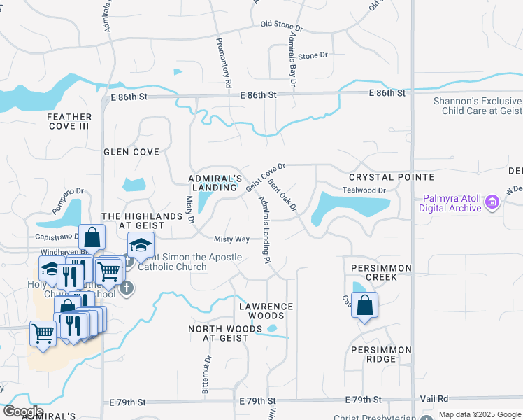 map of restaurants, bars, coffee shops, grocery stores, and more near 8317 Admirals Landing Place in Indianapolis