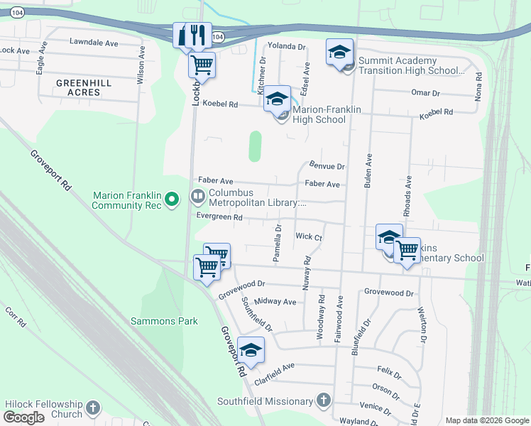 map of restaurants, bars, coffee shops, grocery stores, and more near 1244 Evergreen Road in Columbus