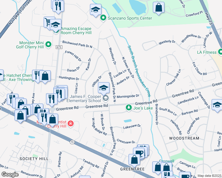 map of restaurants, bars, coffee shops, grocery stores, and more near 1973 Birchwood Park Drive South in Cherry Hill