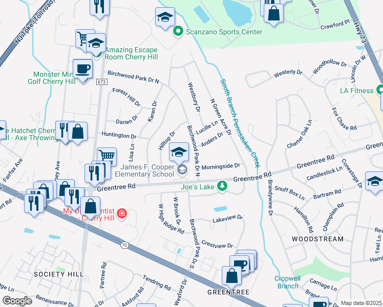 map of restaurants, bars, coffee shops, grocery stores, and more near 1973 Birchwood Park Drive South in Cherry Hill