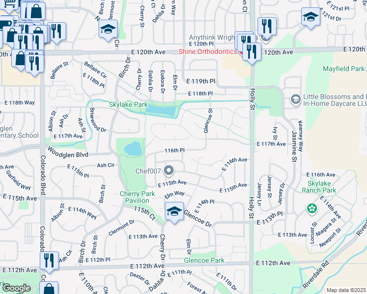 map of restaurants, bars, coffee shops, grocery stores, and more near 5105 East 116th Place in Thornton