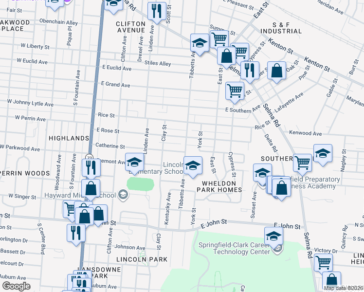 map of restaurants, bars, coffee shops, grocery stores, and more near 1421 Tibbetts Avenue in Springfield