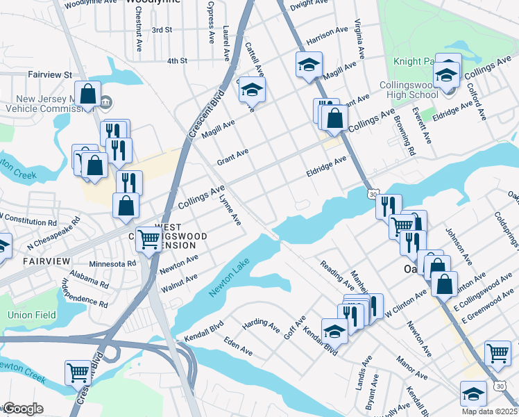 map of restaurants, bars, coffee shops, grocery stores, and more near 1058 Eldridge Avenue in Collingswood