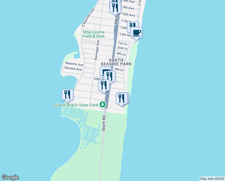 map of restaurants, bars, coffee shops, grocery stores, and more near 46 22nd Avenue in Seaside Park