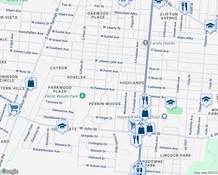 map of restaurants, bars, coffee shops, grocery stores, and more near 142 West Parkwood Avenue in Springfield