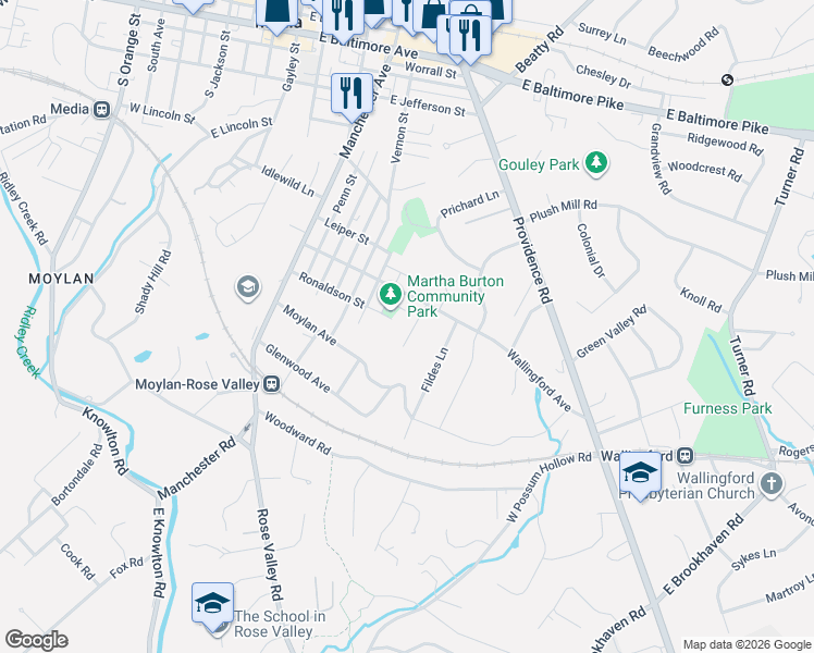 map of restaurants, bars, coffee shops, grocery stores, and more near 107 Treetop Lane in Delaware County