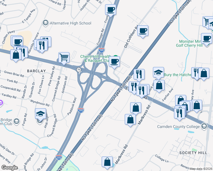 map of restaurants, bars, coffee shops, grocery stores, and more near 1637 41 New Jersey 70 in Cherry Hill