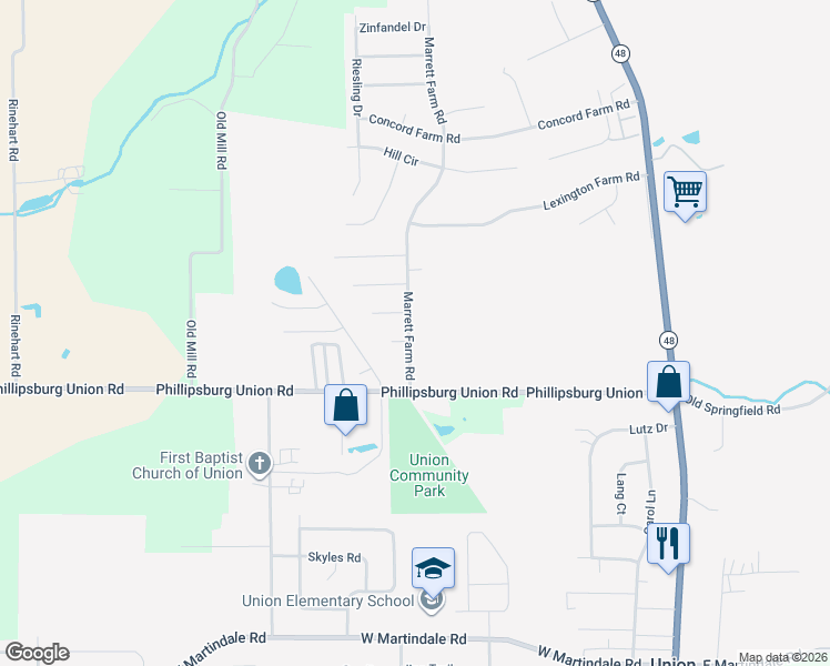 map of restaurants, bars, coffee shops, grocery stores, and more near 117 Marrett Farm Road in Union