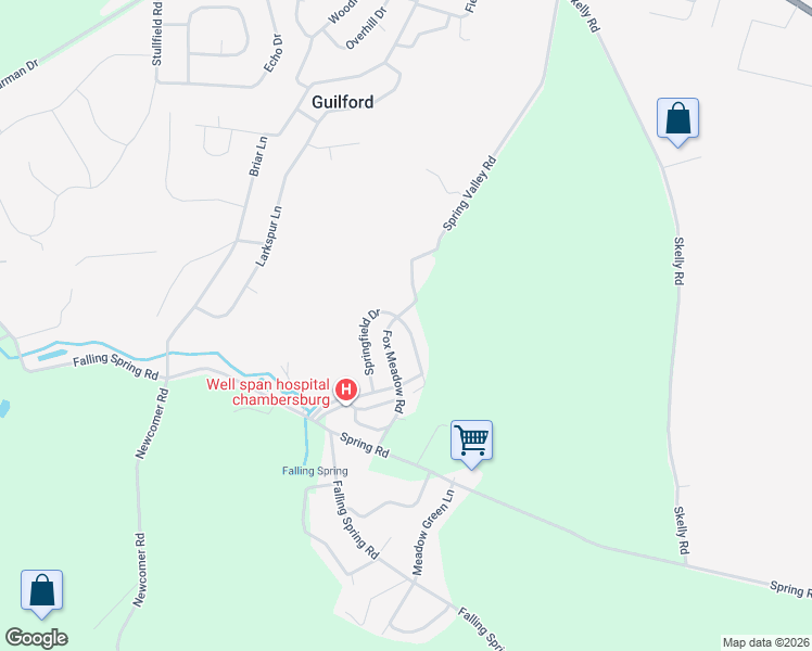 map of restaurants, bars, coffee shops, grocery stores, and more near 2305 Springfield Drive in Chambersburg