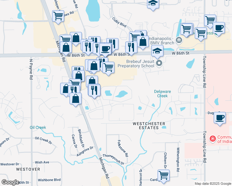 map of restaurants, bars, coffee shops, grocery stores, and more near 8347 North Basswood Drive in Indianapolis