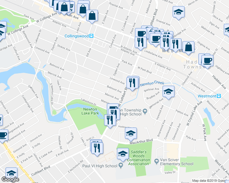 map of restaurants, bars, coffee shops, grocery stores, and more near 1108 Belmont Avenue in Collingswood