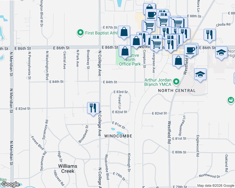 map of restaurants, bars, coffee shops, grocery stores, and more near 8290 Forest Lane in Indianapolis
