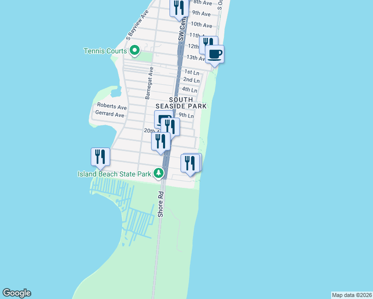 map of restaurants, bars, coffee shops, grocery stores, and more near 1 21st Avenue in Seaside Park