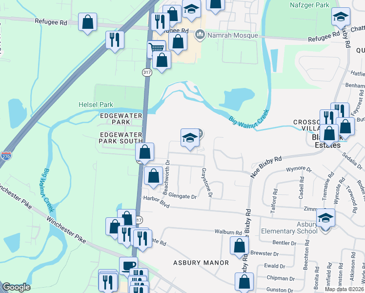 map of restaurants, bars, coffee shops, grocery stores, and more near 4533 Beachworth Court in Columbus