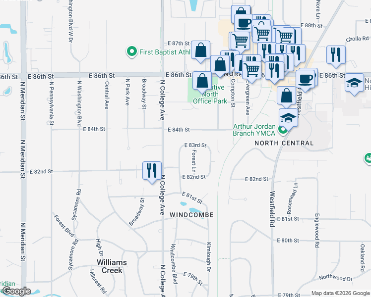 map of restaurants, bars, coffee shops, grocery stores, and more near 8290 Forest Lane in Indianapolis