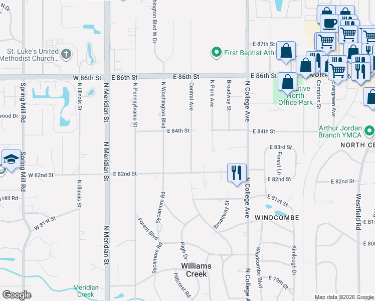 map of restaurants, bars, coffee shops, grocery stores, and more near 8304 Central Avenue in Indianapolis