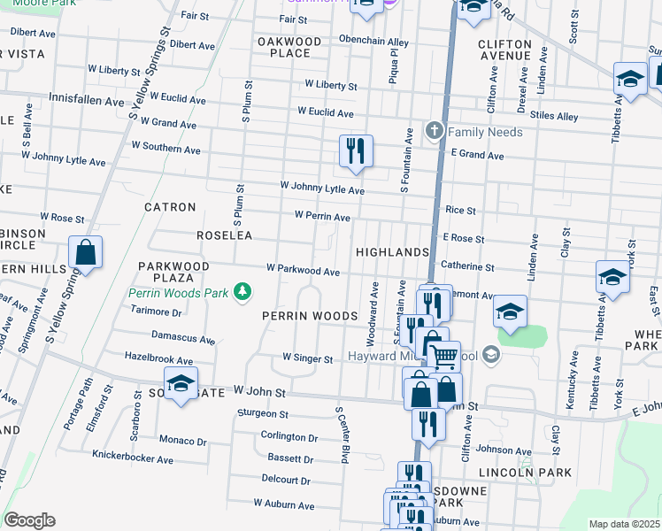 map of restaurants, bars, coffee shops, grocery stores, and more near 142 West Parkwood Avenue in Springfield