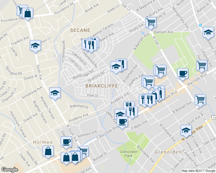 map of restaurants, bars, coffee shops, grocery stores, and more near 725 Crescent Drive in Glenolden