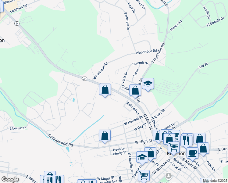 map of restaurants, bars, coffee shops, grocery stores, and more near 434 North Main Street in Red Lion