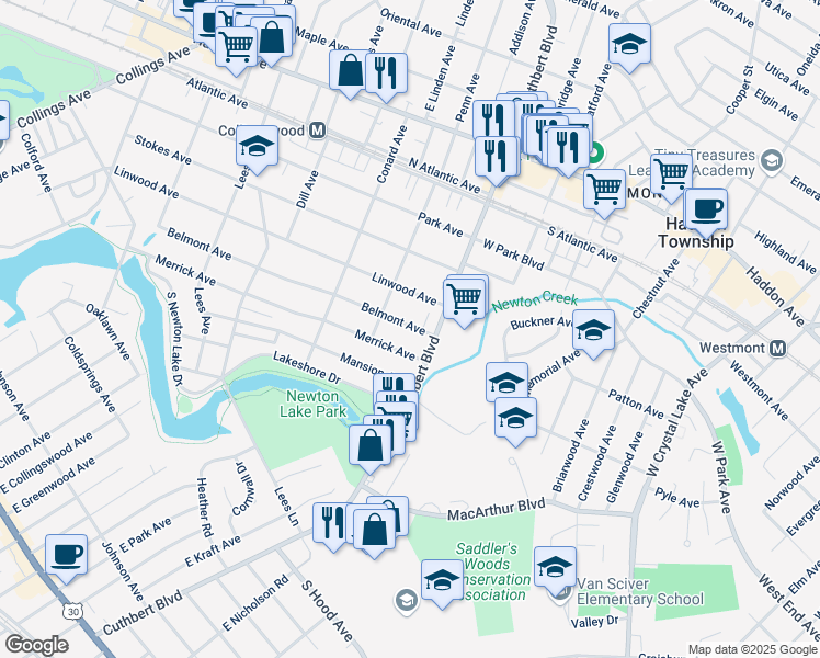 map of restaurants, bars, coffee shops, grocery stores, and more near 1108 Belmont Avenue in Collingswood