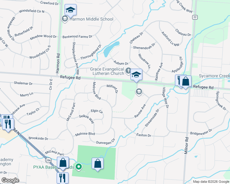 map of restaurants, bars, coffee shops, grocery stores, and more near 1057 Milford Drive in Pickerington