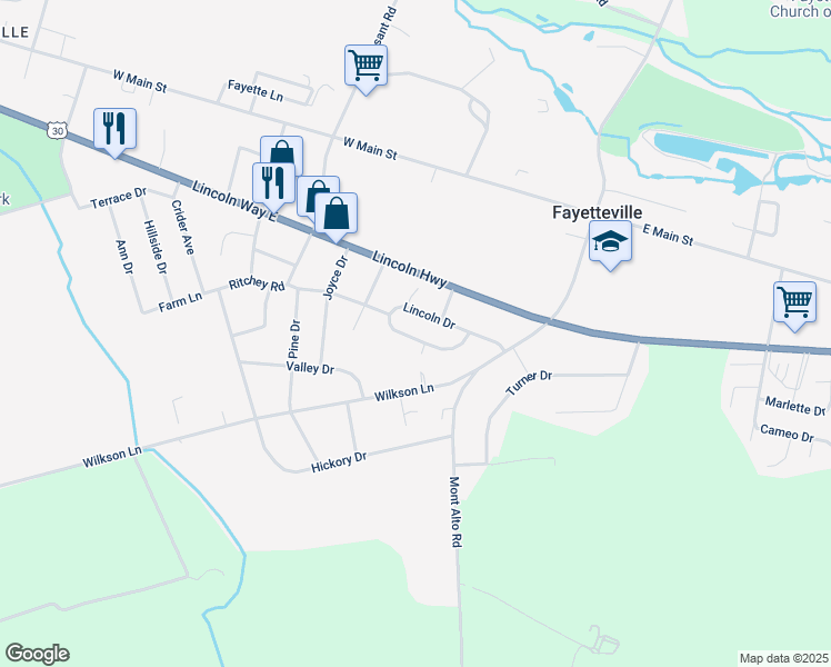 map of restaurants, bars, coffee shops, grocery stores, and more near 117 Lincoln Drive in Fayetteville