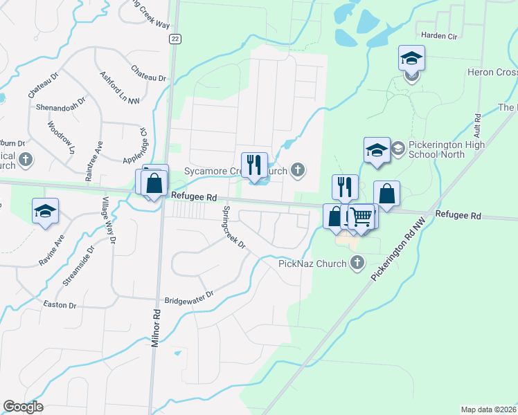 map of restaurants, bars, coffee shops, grocery stores, and more near 8168 Night Heron Ln in Pickerington