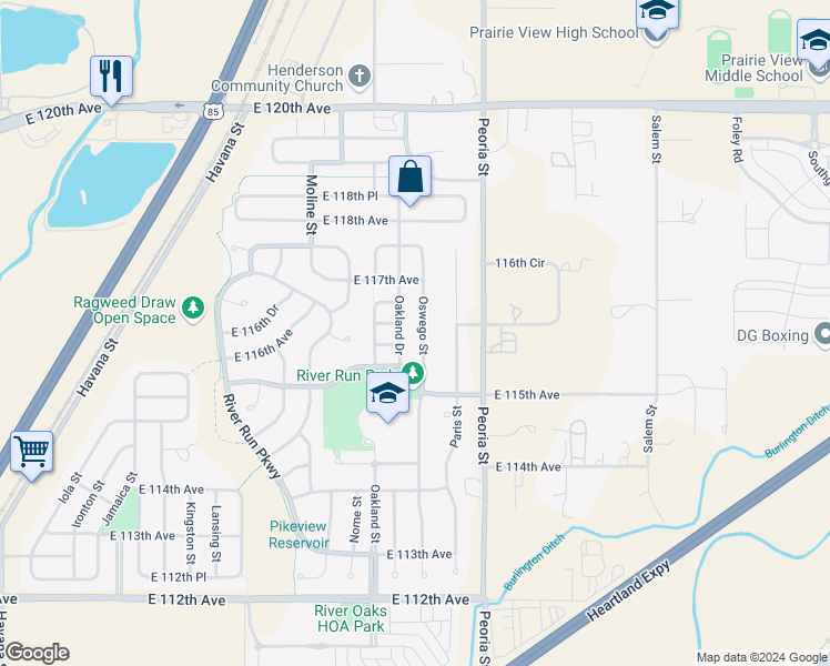 map of restaurants, bars, coffee shops, grocery stores, and more near 11619 Oswego Street in Henderson