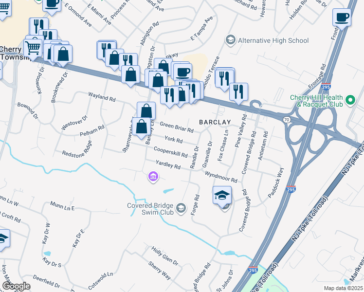 map of restaurants, bars, coffee shops, grocery stores, and more near 1118 York Road in Cherry Hill Township