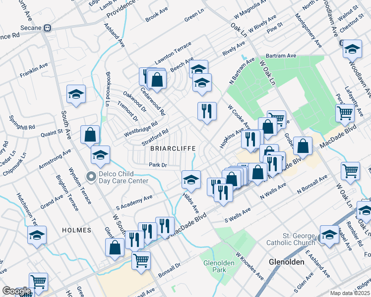 map of restaurants, bars, coffee shops, grocery stores, and more near 725 Crescent Drive in Glenolden