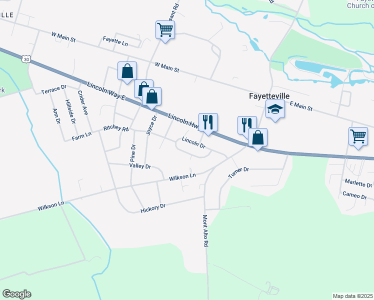 map of restaurants, bars, coffee shops, grocery stores, and more near 117 Lincoln Drive in Fayetteville