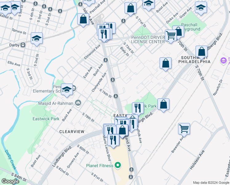 map of restaurants, bars, coffee shops, grocery stores, and more near 9041 Island Avenue in Philadelphia