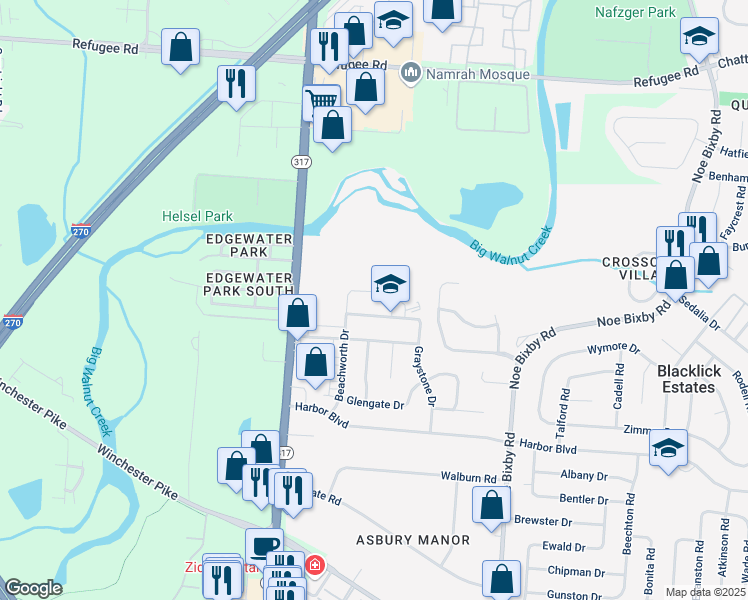 map of restaurants, bars, coffee shops, grocery stores, and more near 4533 Beachworth Court in Columbus