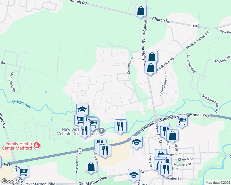map of restaurants, bars, coffee shops, grocery stores, and more near 109 Eaves Mill Road in Medford