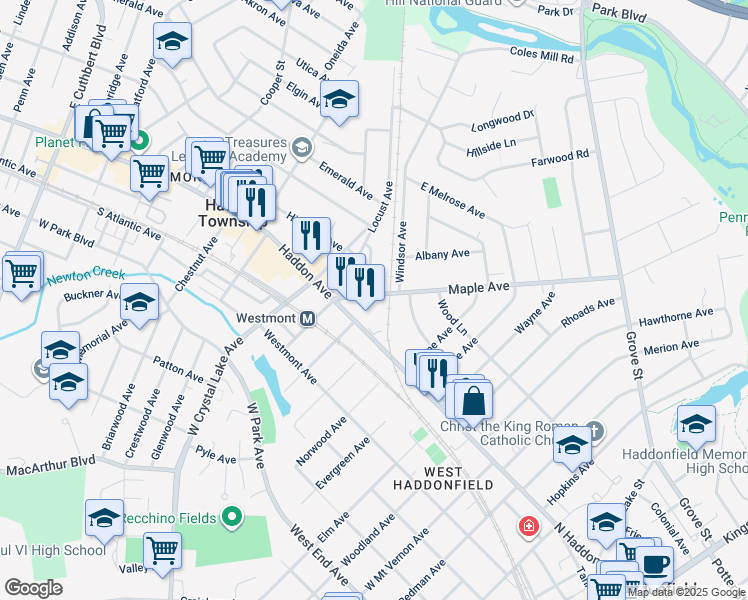 map of restaurants, bars, coffee shops, grocery stores, and more near 16 Maple Avenue in Haddon Township
