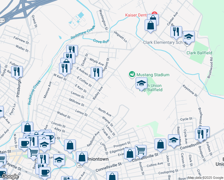 map of restaurants, bars, coffee shops, grocery stores, and more near 14 Oliver Heights in Uniontown