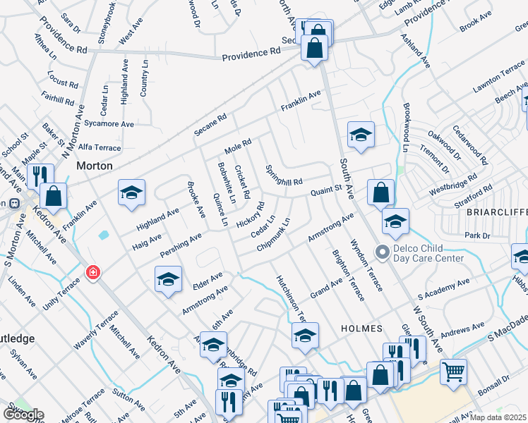 map of restaurants, bars, coffee shops, grocery stores, and more near 738 Hickory Road in Delaware County