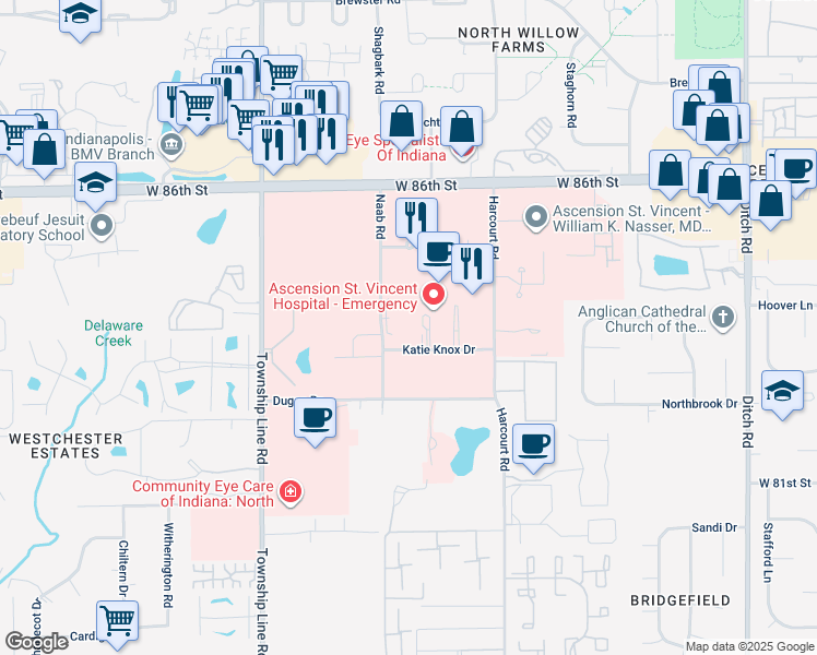 map of restaurants, bars, coffee shops, grocery stores, and more near 8333 Naab Road in Indianapolis