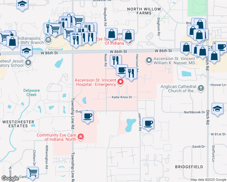 map of restaurants, bars, coffee shops, grocery stores, and more near 8333 Naab Road in Indianapolis