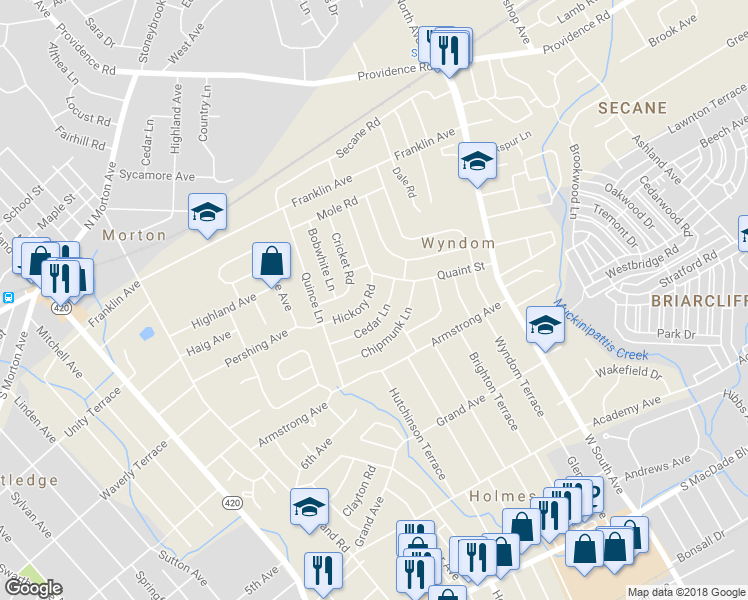 map of restaurants, bars, coffee shops, grocery stores, and more near 738 Hickory Road in Delaware County