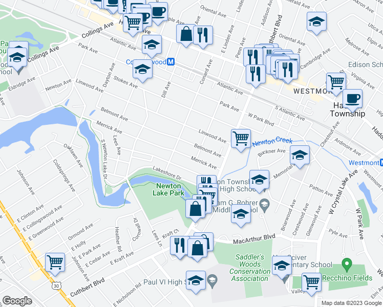map of restaurants, bars, coffee shops, grocery stores, and more near 1015 Merrick Avenue in Collingswood
