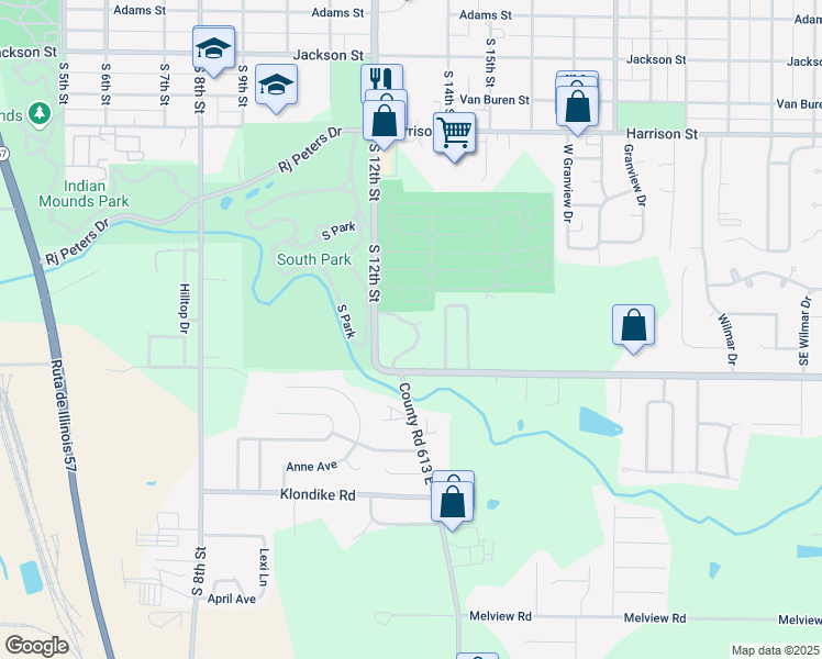 map of restaurants, bars, coffee shops, grocery stores, and more near 1240 South Park Terrace in Quincy