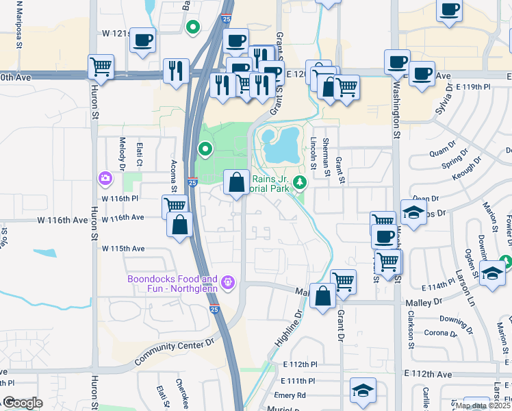 map of restaurants, bars, coffee shops, grocery stores, and more near 11614 Community Center Drive in Northglenn