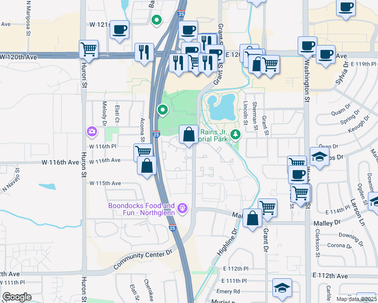 map of restaurants, bars, coffee shops, grocery stores, and more near 11625 Community Center Drive in Northglenn