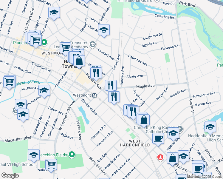 map of restaurants, bars, coffee shops, grocery stores, and more near 16 Maple Avenue in Haddon Township