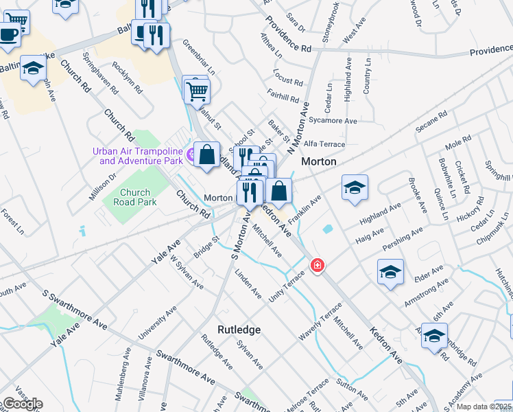 map of restaurants, bars, coffee shops, grocery stores, and more near 6 Kedron Avenue in Morton