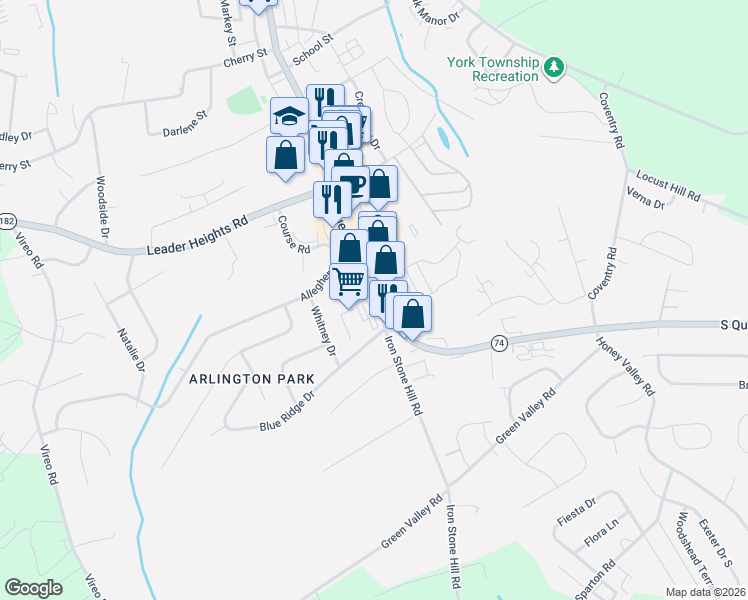 map of restaurants, bars, coffee shops, grocery stores, and more near 2721 Pennsylvania 74 in York