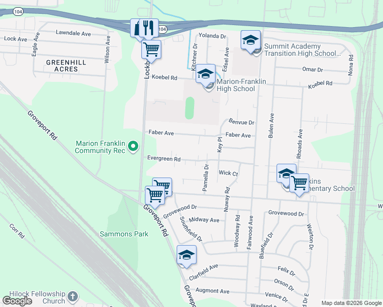 map of restaurants, bars, coffee shops, grocery stores, and more near 1244 Evergreen Road in Columbus